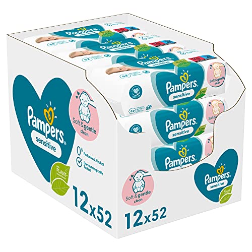 Pampers Sensitive Baby Feuchttücher, 624 Tücher (12 x 52), ohne Duft, für eine sanfte und weiche...